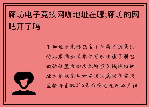 廊坊电子竞技网咖地址在哪;廊坊的网吧开了吗